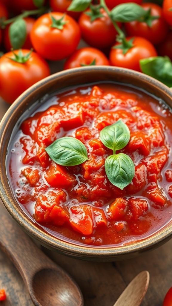 A bowl of rich tomato basil sauce topped with fresh basil, surrounded by fresh tomatoes.